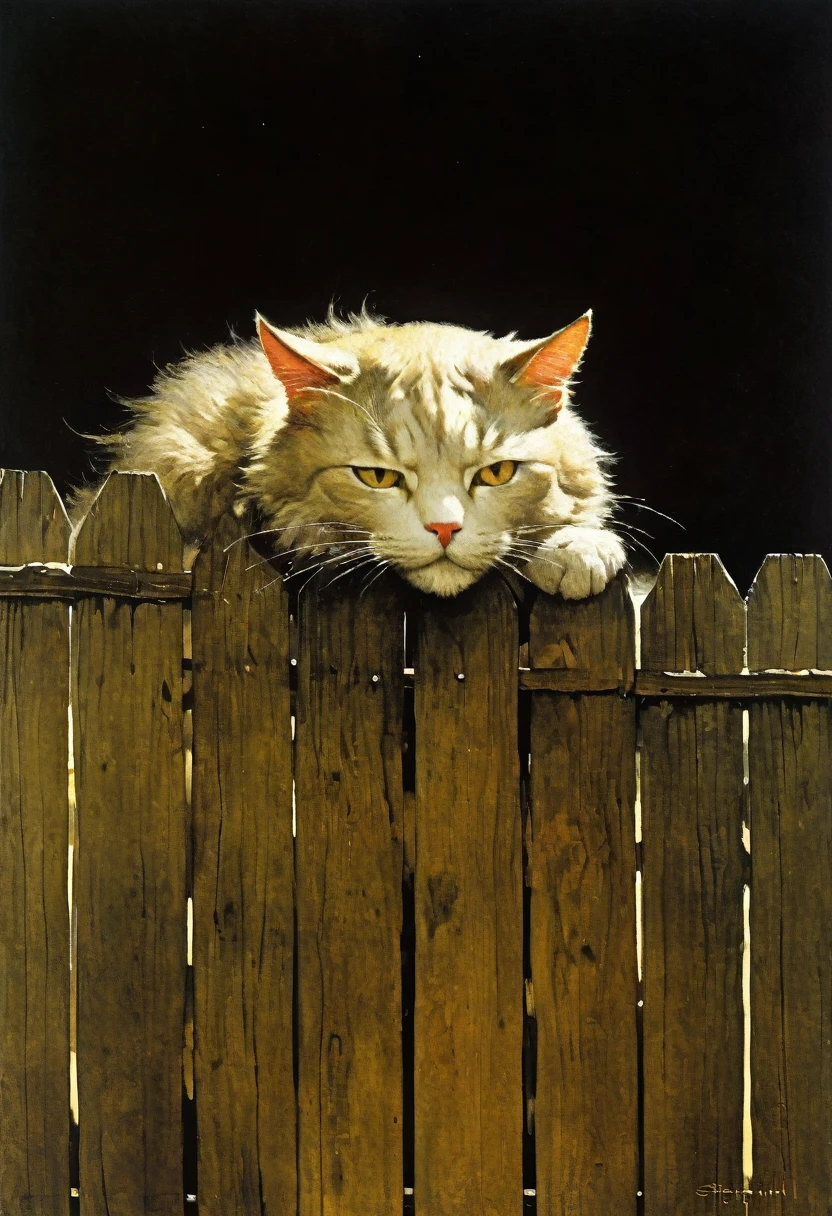 I see the cat lounging on the fence. It is clear that he is uncomfortable - the fence is narrow, and his big belly hangs on one side, then on the other, this time it is better.  Ideal body anatomy. Beautiful face and look. The disturbing and grotesque world of Stephen Gummel. Andrew Wyeth's style: Scary Stories Told in the Dark.
