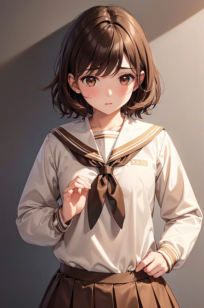 In the middle of nowhere, (Brown eyes:1.5), Brown Hair, short hair, Wavy Hair, (Flat Chest:1.2),, Long sleeve, neckerchief, shirt, skirt, uniform, white sailor color,
Highest quality, High resolution, unity 8k wallpaper, (figure:0.8), (Beautiful attention to detail:1.6), Highly detailed face, Perfect lighting, Highly detailed CG, (Perfect hands, Perfect Anatomy),((nsfw))