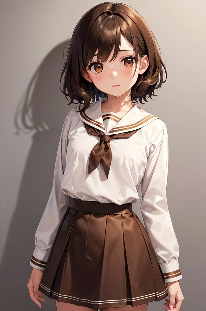 In the middle of nowhere, (Brown eyes:1.5), Brown Hair, short hair, Wavy Hair, (Flat Chest:1.2),, Long sleeve, neckerchief, shirt, skirt, uniform, white sailor color,
Highest quality, High resolution, unity 8k wallpaper, (figure:0.8), (Beautiful attention to detail:1.6), Highly detailed face, Perfect lighting, Highly detailed CG, (Perfect hands, Perfect Anatomy),((nsfw))