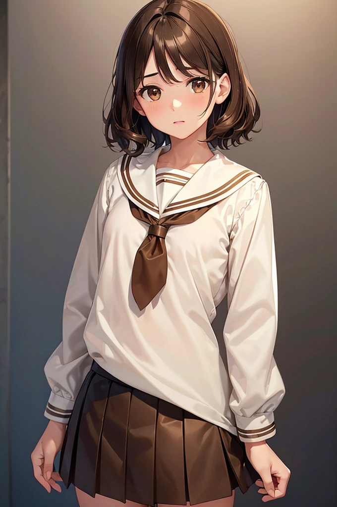 In the middle of nowhere, (Brown eyes:1.5), Brown Hair, short hair, Wavy Hair, (Flat Chest:1.2),, Long sleeve, neckerchief, shirt, skirt, uniform, white sailor color,
Highest quality, High resolution, unity 8k wallpaper, (figure:0.8), (Beautiful attention to detail:1.6), Highly detailed face, Perfect lighting, Highly detailed CG, (Perfect hands, Perfect Anatomy),((nsfw))