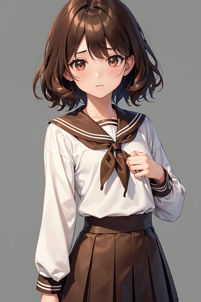 In the middle of nowhere, (Brown eyes:1.5), Brown Hair, short hair, Wavy Hair, (Flat Chest:1.2),, Long sleeve, neckerchief, shirt, skirt, uniform, white sailor color,
Highest quality, High resolution, unity 8k wallpaper, (figure:0.8), (Beautiful attention to detail:1.6), Highly detailed face, Perfect lighting, Highly detailed CG, (Perfect hands, Perfect Anatomy),((nsfw))