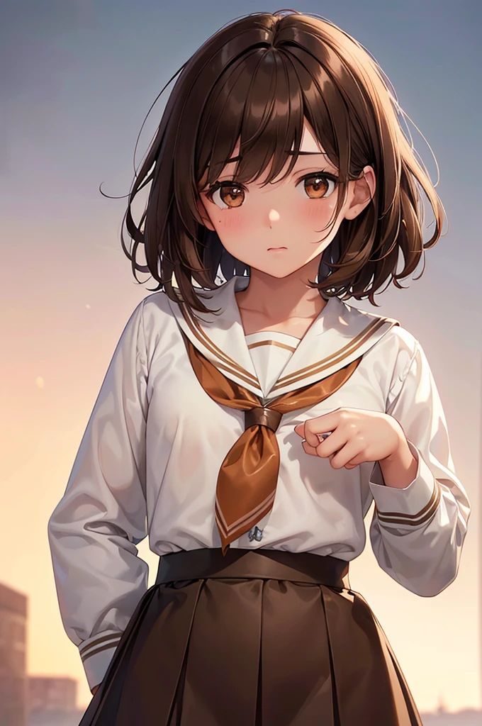 In the middle of nowhere, (Brown eyes:1.5), Brown Hair, short hair, Wavy Hair, (Flat Chest:1.2),, Long sleeve, neckerchief, shirt, skirt, uniform, white sailor color,
Highest quality, High resolution, unity 8k wallpaper, (figure:0.8), (Beautiful attention to detail:1.6), Highly detailed face, Perfect lighting, Highly detailed CG, (Perfect hands, Perfect Anatomy),((nsfw))