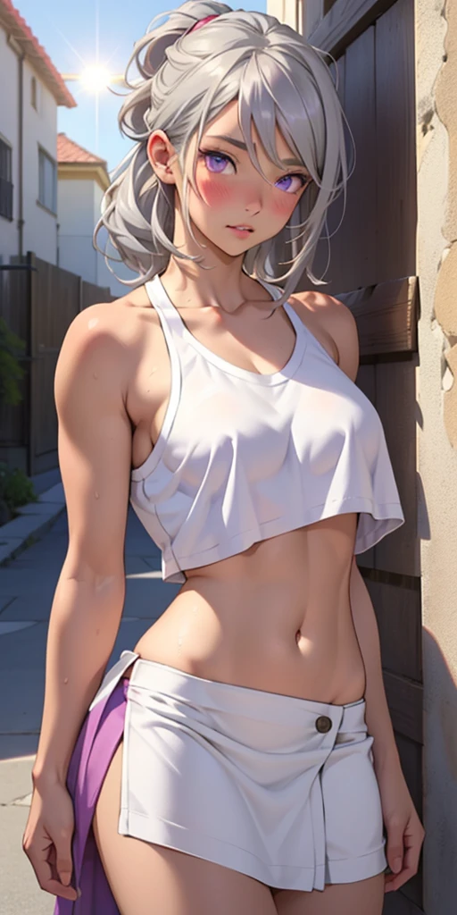 realist, 1 girl, gray hair, purple eyes, bright Eyes, crop top, Skirt,bare breasts、belly button、dish towel、 Chapped lips, blush, evening, flores, sun, sunlight,