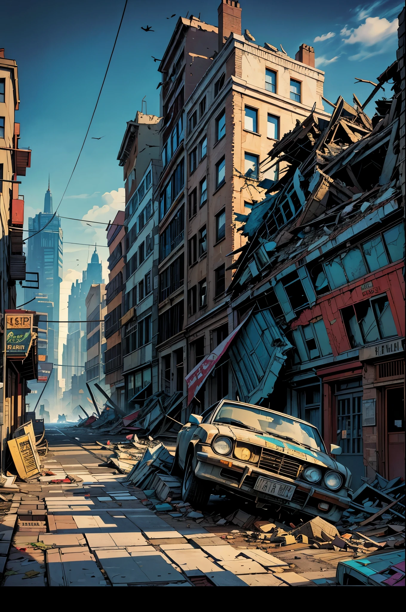 Scenario, best qualityer, destroyed city, fallen buildings, comic book image style, Marvel comics, street with debris and buildings, lampposts, overturned and dented cars