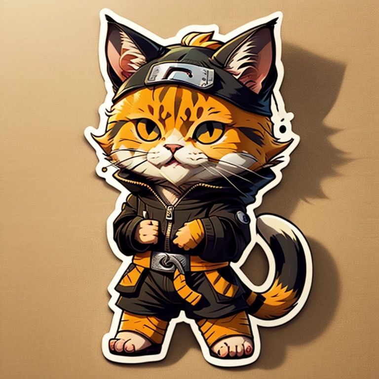 Cute cartoon sticker of a cat cosplaying as Naruto Uzumaki, smiling, cute, kawaii.