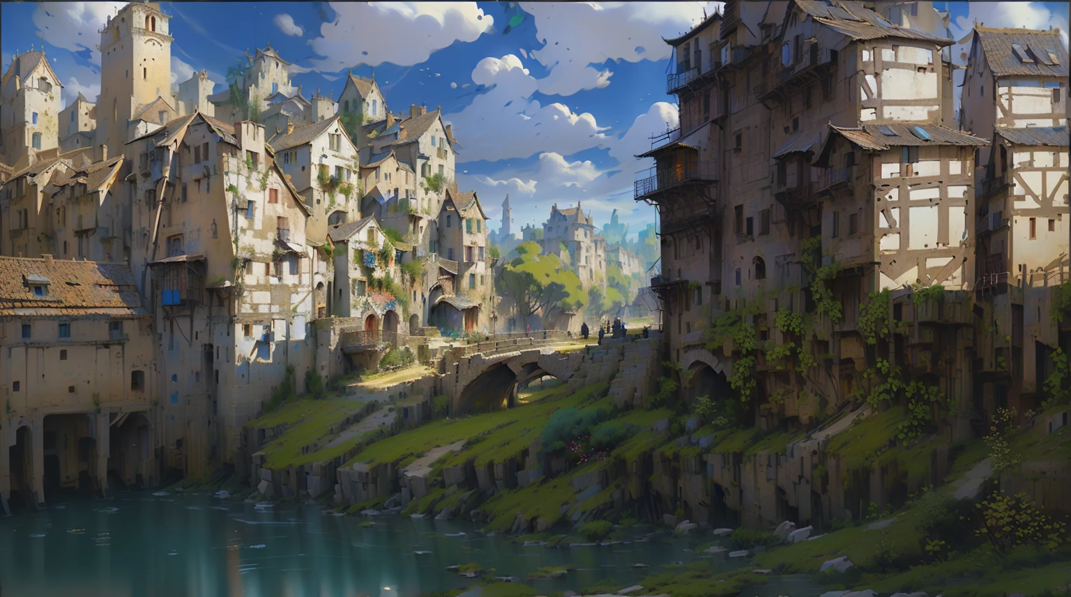 There is a town in the painting，There is a river and a bridge in the middle, Background of Fuxing Port City, Medieval fantasy town, Medieval Concept Art, Medieval town landscape, Draw as game concept art, Town Background, Medieval city background, Medieval Fantasy Game Art, Fantasy town setting, Medieval city, background technologywork, Landscape Game Concept Art, Medieval Village, Medieval town, background technology