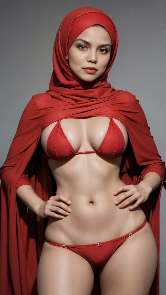 A woman with ((red hijab)), Realistic, Photorealistic, 8K, Masterpiece, Best Quality, High Definition, Live Action, RAW Photo, Single Woman,Sexy, red baju kurung, ((no hair exposed)), from head to hip, both hands on hip