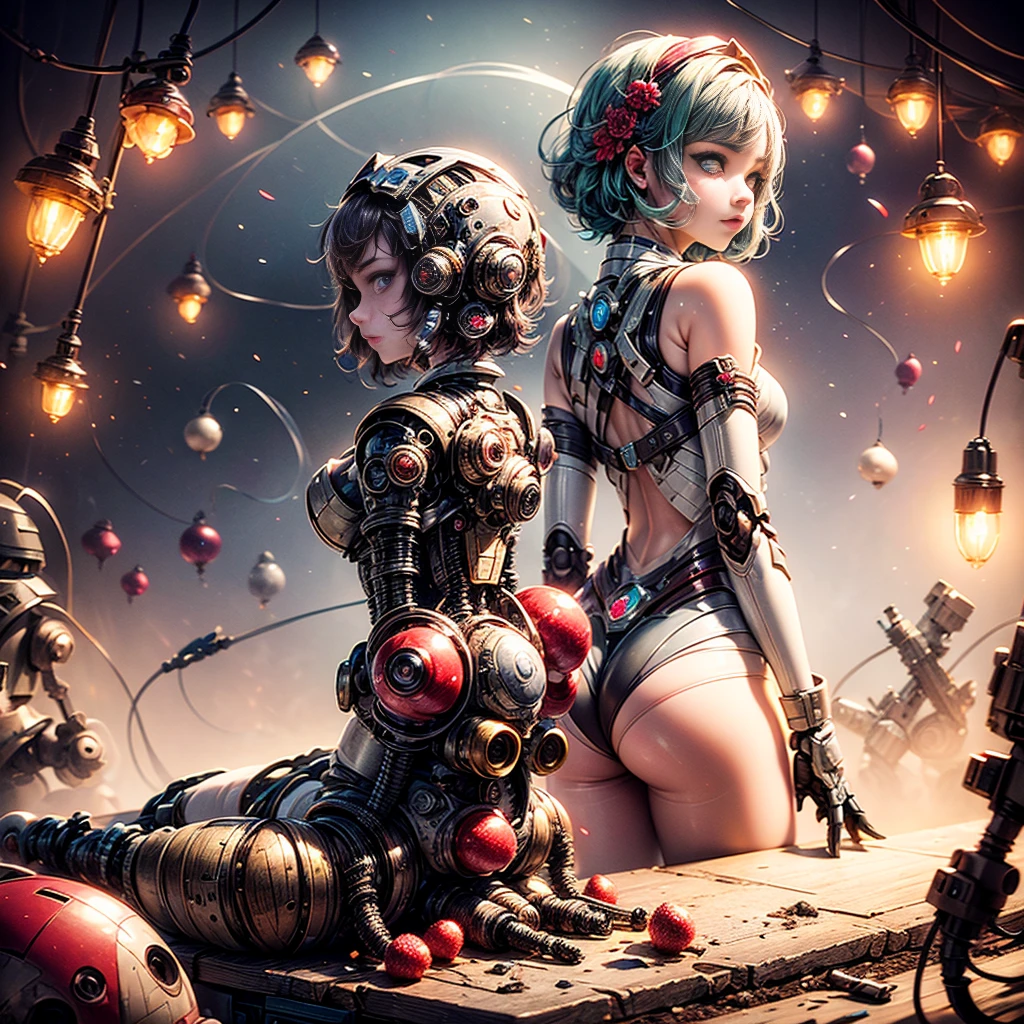 cute big eyes translucent green mushroom droids and a beautiful girl,Virus fights droids,Daniel Merriam, Nikolina is naughty, Peter Grick, Dariusz Klimcza in flowers, Hair illumination, rear lighting, Volumetric lighting, 8 K, Perfect eyes, ideal students, expressive eyes, hands of Albrecht Durer, smoke, particle effects, fog, fog, fire, explosions, wreckage,
