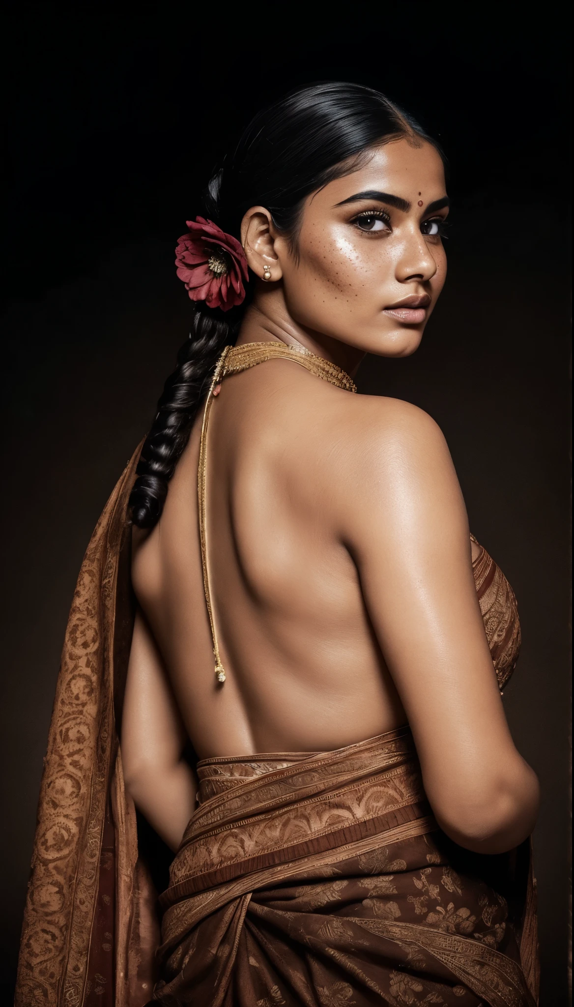 Extremely gorgeous, round face, shoot for a famous cosmetics brand, shoot for top health magazine cover Page, bold photoshoot, bold looks, body positivity, dark skin, stunning beauty, pierced eyes, ravishing, spicy hot, sizzling hot, sensual shoot, artistic sensual photograpy, thick figure, curvy, Thick navel, sexy tempting lady, sexy navel folds, fleshy figure, woman with a flower in her hair and a flower in her hair, closeup portrait shot, movie stills photography, traditional beauty, body sweat, glistening skin, skin texture, skin pores, traditional clothes, traditional female hairstyles, pretty face!!, shot on sony alpha dslr-a300, indian woman with brown skin, indian goddess, traditional makeup, movie stills, actress, close - up portrait shot, detailed portrait shot, ultra HD, hyper realistic, hyper realistic skin, High level professional photography, aesthetics, photographic artwork, artistic style photography, indian sensibility, awe-inspiring photographs,compelling portraiture, fine art photography, visually striking, storytelling through photography, intricate, Indian ethnic outfit, insane details, freckles 0.1, beautymarks, real photograph, add every possible elements to make the photo as real photograph, likelike textures,