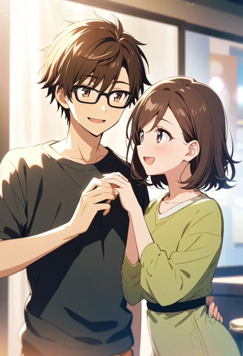 anime, two people, one beautiful female with long brown hair and no glasses, the other person is a male with short dark brown hair and black rimmed glasses, they are boyfriend and girlfriend, both smiling