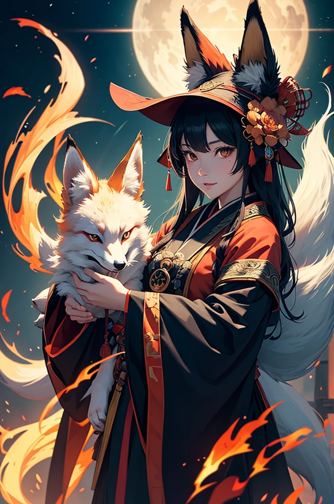 1 girl,One,, official art, unity 8k wallpaper, Ultra detailed, Beautiful and aesthetic, Beautiful, masterpiece, Best quality,, Kitsune witch, Fox Mask, haori jacket, fox fire spell, Familiar Fox, transformation,