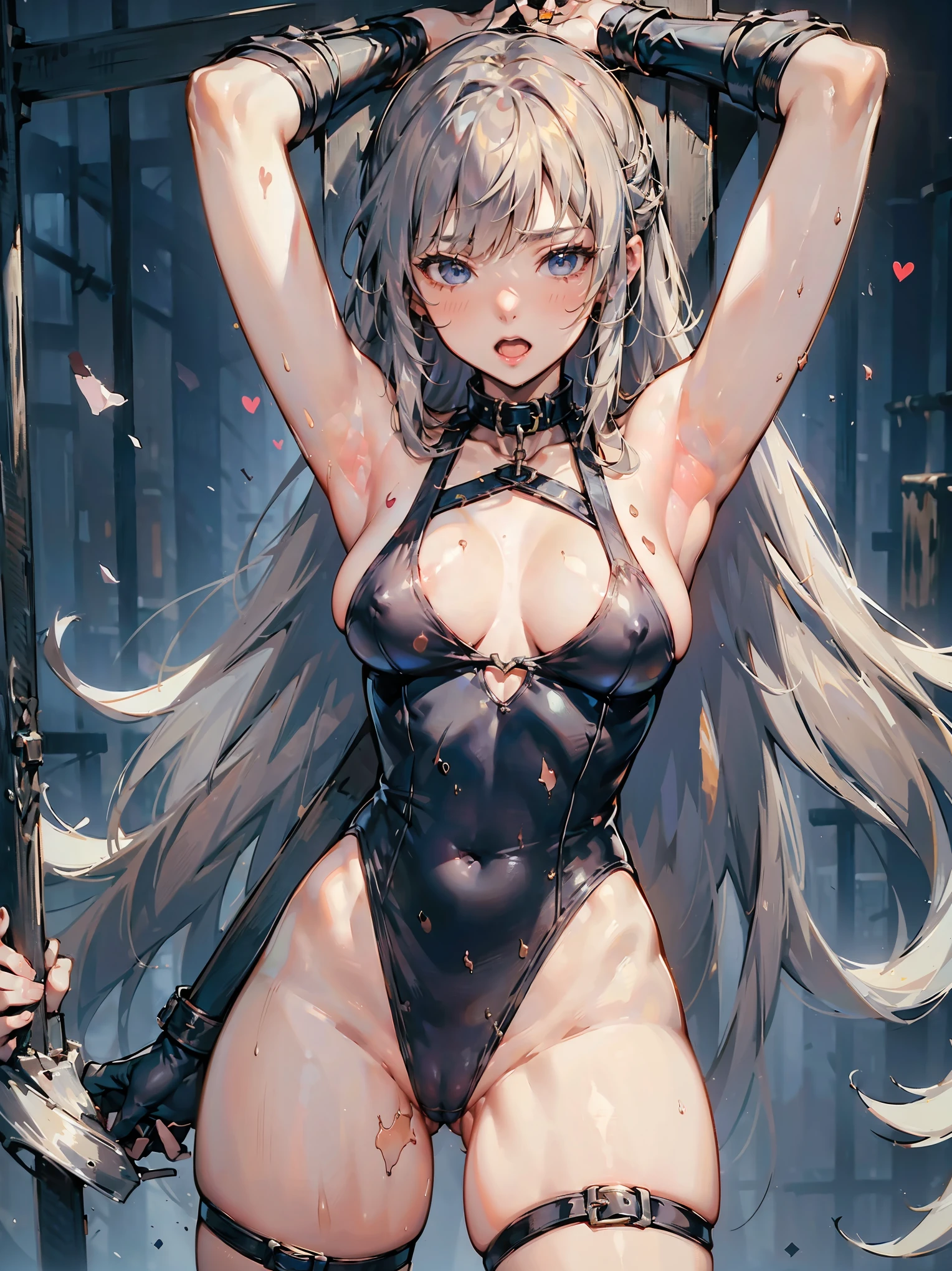 ((high quality、masterpiece、detailed、Normal body、5This finger、Accurate、delicate))、Magical girl((Silver Hair、White-based colored leotard armor、Ultra high leg、More than excited、sling leotard、Transparent leotard、Iron Collar、Torn leotard、Torn leotard、Estrus、Aphrodisiac effect、100 times more sensitive to erogenous zones、Nipple erection、Clitoris erection、orgasm、The pupil is the heart))、Defeated heroine、The leotard is torn and has holes in it..、Stretch your arms from side to side、敗北しCrucified、Crucified、Chain crucifixion、Chained、Open your mouth、shortness of breath、white breath、Sweet Sigh、Ahegao、Slave Collar、Leash color、Strict collar、Iron Collar、The fall of slavery、The Fall of Pleasure、Exposing the abdomen、Dirty emblem on abdomen、The body shining with the lust mark is burning up、Electric vibrator on nipples、Electric rotor on the clitoris、Torn look