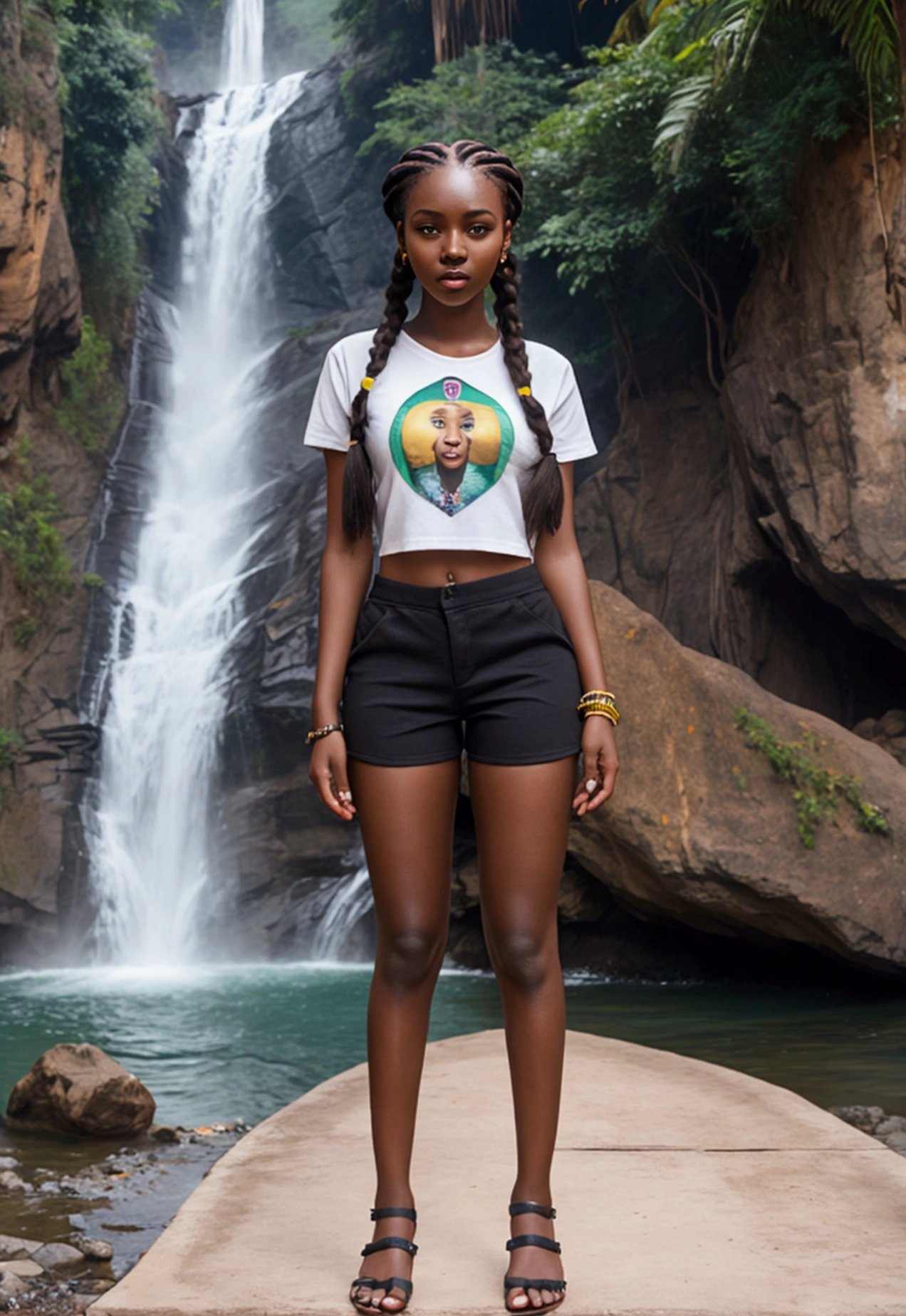 Beautiful 22 year old East African woman with frame and small perky breasts standing and posing on a bridge in Thailand with a waterfall in the background, graphic tee, shorts, African jewelry, braids, dark brown skin, full-body portrait hyperrealism