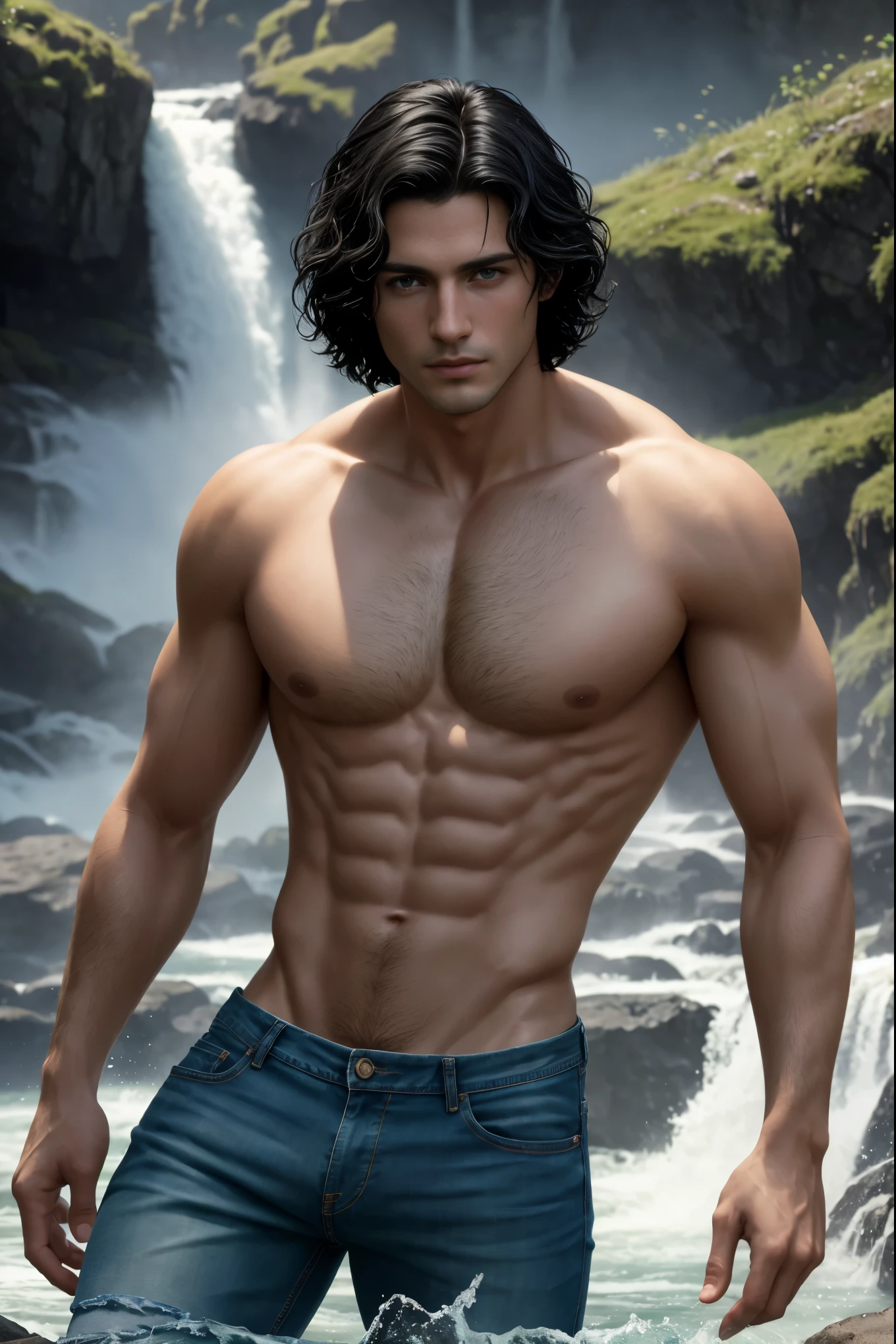 Masterpiece, A boy has short black hair and green eyes, 1boy, AS-Adult, short-haired, black hair, amazing physicality, shirtless and jeans, green eyes, wavy-hair, totally-clean-shave symmetrical face. Symmetrical, smooth, clean shave focus, illustration, realistic, artstation, award winning photography, octane render, cinematic lighting from the right, hyper realism, octane render, 8k, depth of field, 3D, backgound mountains and waterfalls