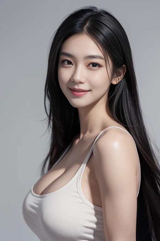 masterpiece, best quality, photorealistic, raw photo, 1girl, Black Long hair, Large breast, Black Muscle Shirt , light smile, detailed skin, pore, simple background, Upper-body, facing the viewer, close-up