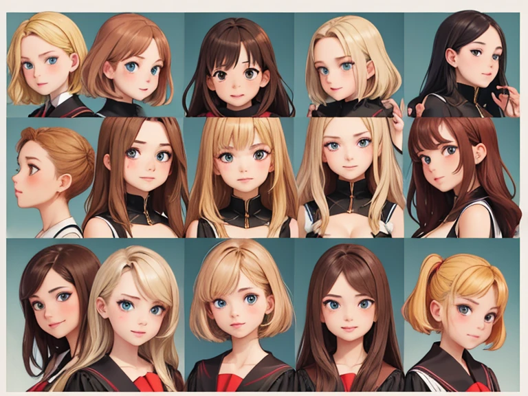 (Best quality, masterpiece), group photo of 8 very different beautiful students, different emotions, Free postures, Different hair colors(among them there is only 1 redhead, 3 blondes, 2 brown-haired and 2 brunettes), Different hairstyles, different hair lengths, different eye colors, Different physiques, Different breast sizes, in the photo there is 1 sullen Asian brunette, there is 1 blonde tomboy, there is a brown-haired femboy, graduation photo album, beautiful faces, upper body