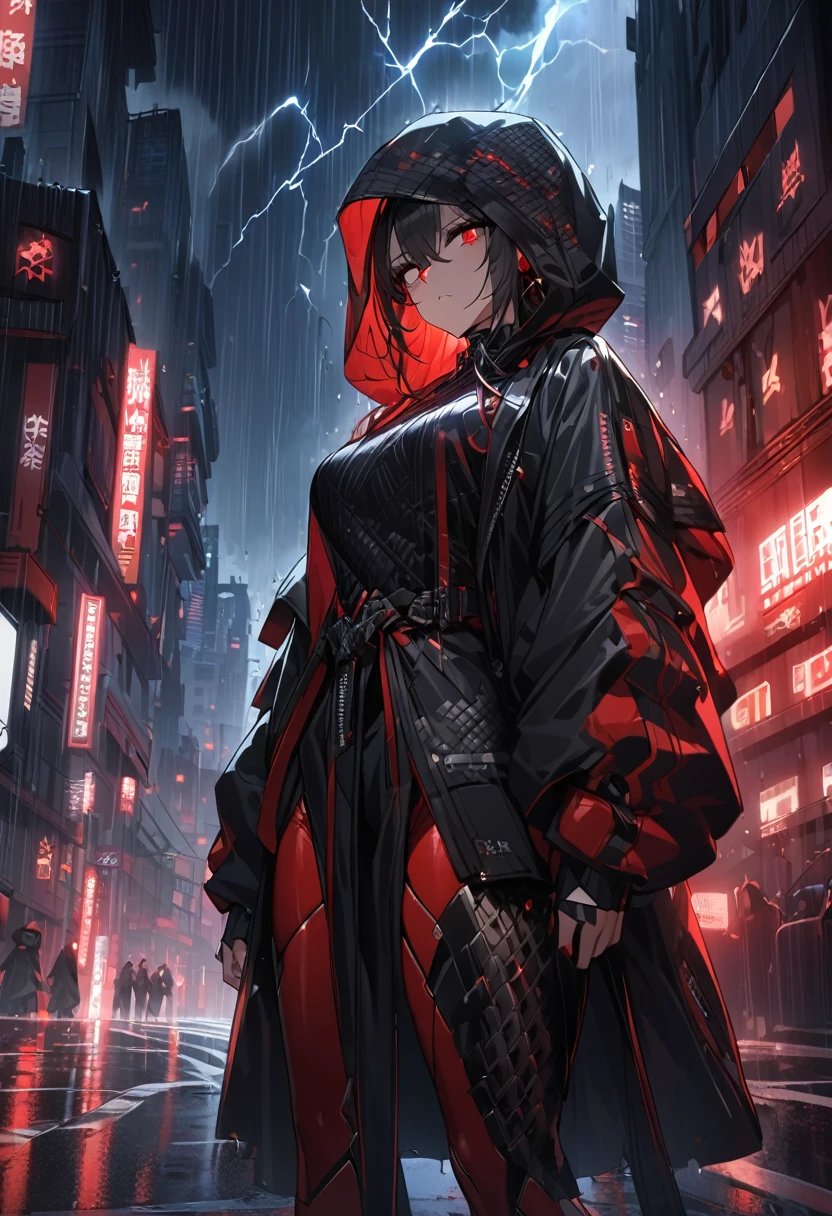 1 Japanese girl, Warframe, Complex patterns, heavy metal, Energy Line, The Faceless, Glowing eyes, elegant, intense, Blood red and black, Solitary, Modern, City, street, dark clouds, thunderstorm, Heavy rain,, Dramatic Lighting,, (masterpiece:1.2), best quality, high resolution,   Exquisite and detailed, Extremely detailed, Perfect lighting,