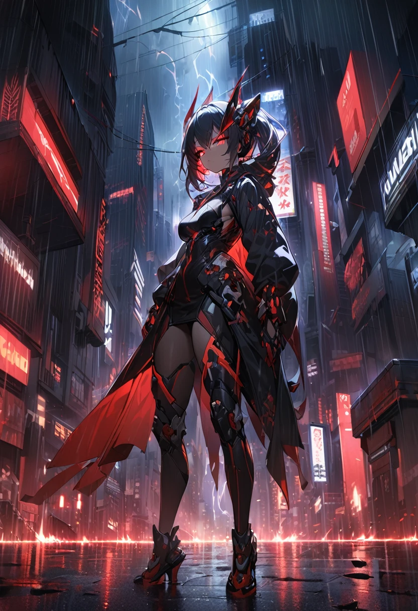 1 Japanese girl, Warframe, Complex patterns, heavy metal, Energy Line, The Faceless, Glowing eyes, elegant, intense, Blood red and black, Solitary, Modern, City, street, dark clouds, thunderstorm, Heavy rain,, Dramatic Lighting,, (masterpiece:1.2), best quality, high resolution,   Exquisite and detailed, Extremely detailed, Perfect lighting,