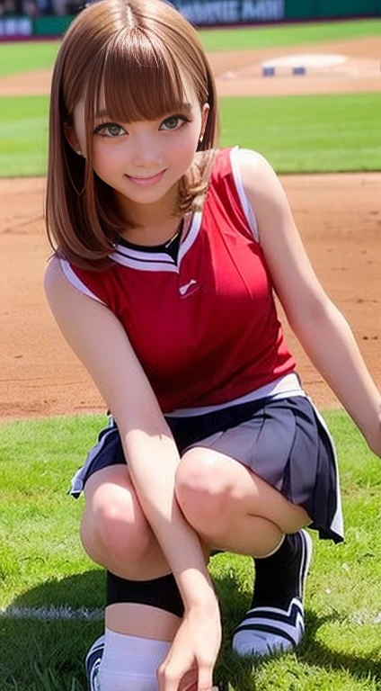 ((Baseball wear、Baseball Costumes、Baseball Uniforms、Sleeveless shirt、Pleated mini skirt with slit、Knee-high socks))、1 girl、Bob Hair、Brown Hair、Medium breast、smile、masterpiece:1.3、Raw photo、Highest quality、Baseball Stadium、On the grass、Detailed Background、Anatomically correct arms and legs、Anatomically correct fingers、