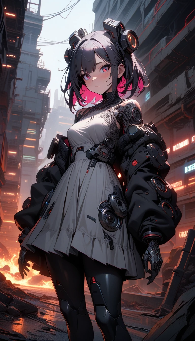 ((best quality)) , ((masterpiece)) , (detailed)，Color splash, (((1girl))) , wearing Shabby Chic Wrap dress, has metallic plating, Colored hair, ((Fossil fuel power station)) in background, biomechanical cyberpunk  . cybernetics, human-machine fusion, dystopian, organic meets artificial, dark, intricate, highly detailed