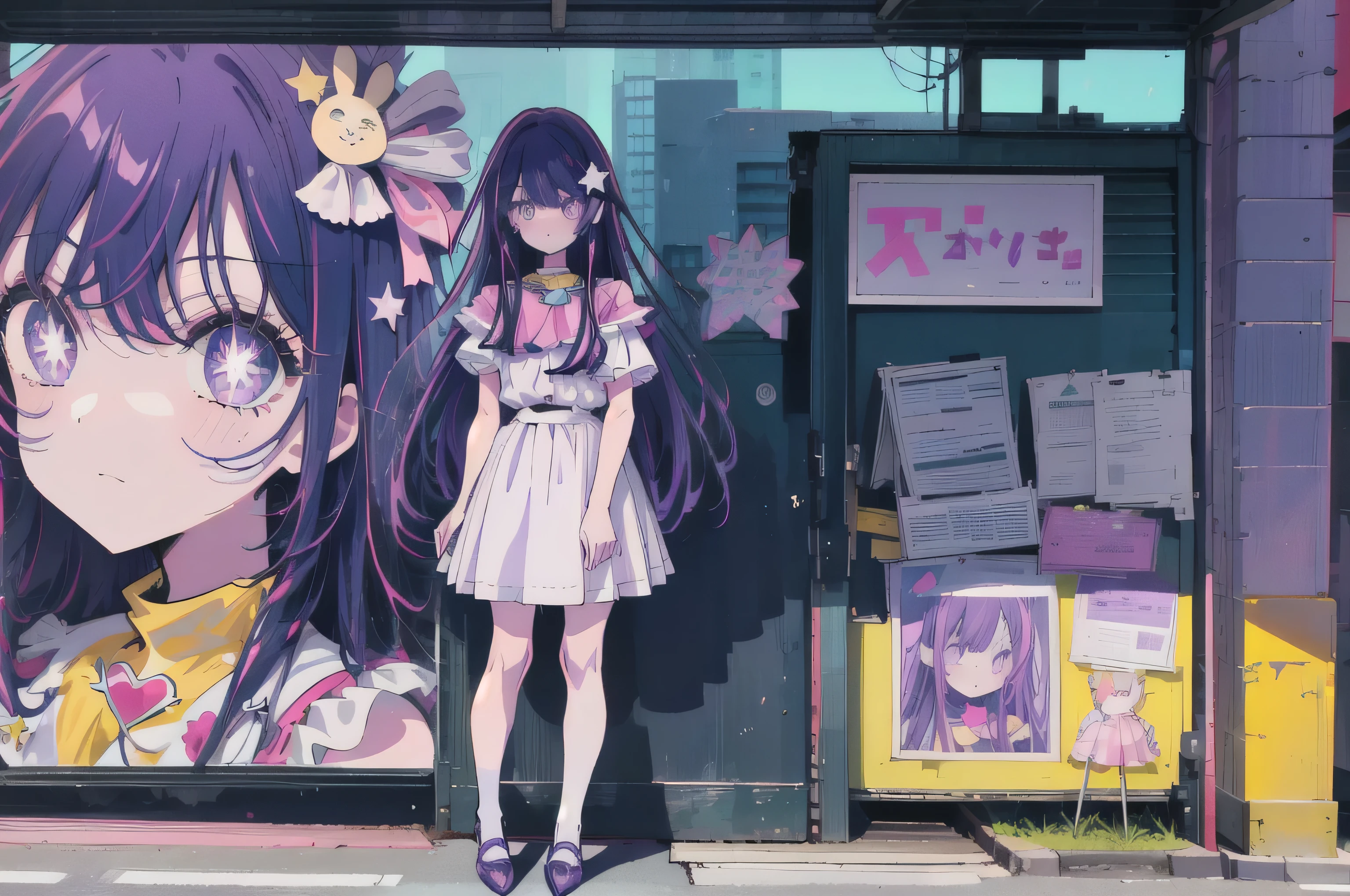 1girl, solo, hoshino ai, short sleeves, purple hair, (star-shaped pupils), long hair, bangs, looking at viewer, yellow footwear, road sign, outdoors, summer, trees, sunshine, sleeveless mini dress, bare shoulders, absurdres, 16k, masterpiece, best quality,