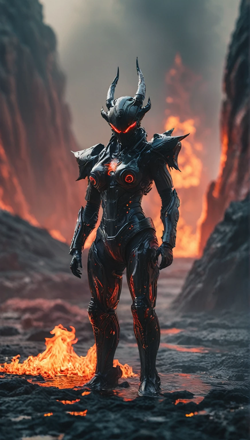 cinematic photo breathtaking biomechanical cyberpunk 1demon, fullbody,bulky creature, extremely futuristic diablo helmet with leds, fire lake, in the hell, hellfire, hell background, dying bodies sunk in the lake of lava and fire. souls agonizating in the lake of fire. 1 diablo lord, ((bulky)). [SK_Cyberpunk:0.25], . cybernetics, human-machine fusion, dystopian, organic meets artificial, dark, intricate, highly detailed . award-winning, professional, highly detailed . 35mm photograph, film, bokeh, professional, 4k, highly detailed