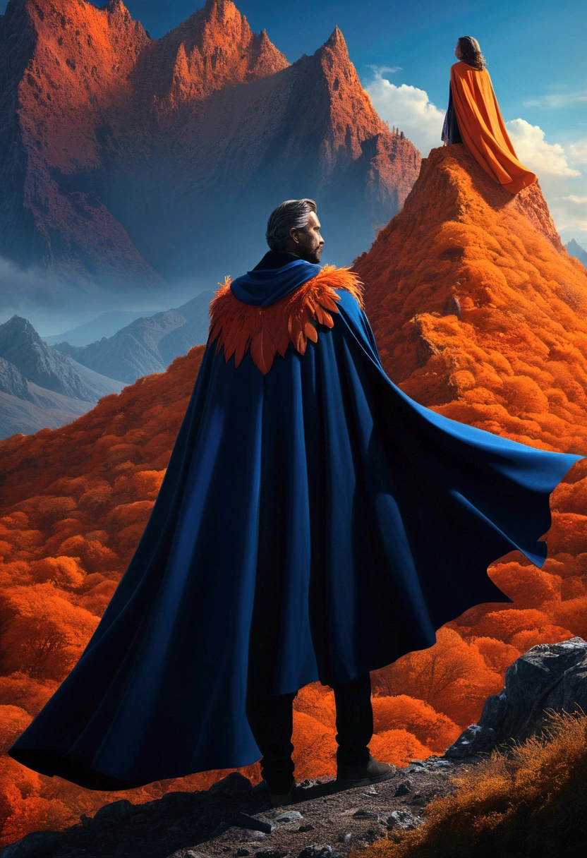 a girl with a cape and feathers under a blue mountain, a man with a black cape watching the woman under another orange mountain, silhouettes, intricate clothing textures, dynamic poses, cinematic lighting, dramatic colors, vibrant atmosphere, (best quality, 4k, 8k, high-res, masterpiece: 1.2), ultra-detailed, (realistic, photorealistic, photorealistic: 1.37), cinematic compositing, dramatic lighting, vivid colors, surreal landscape, digital painting