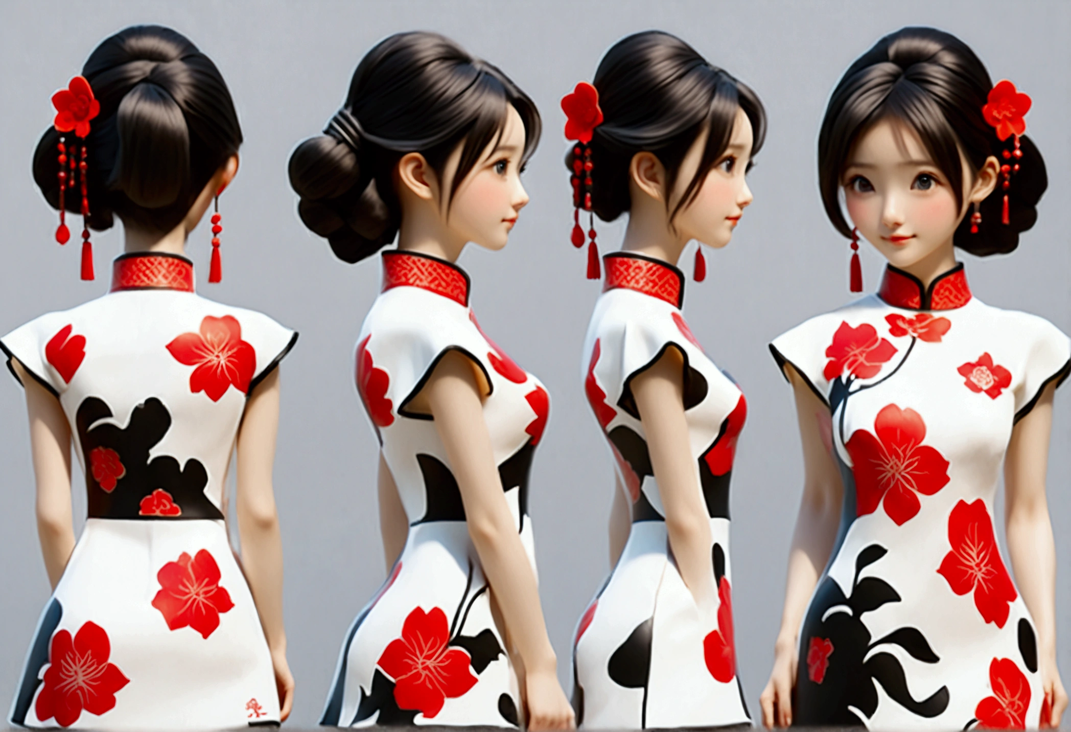 (((Showing the front view of the same 3D character IP figurine design、Side View、Rear view:1.5)))，Young fashionable girl，Wearing a fashionable ink-dyed cheongsam，Ink black and white mixed color Atles silk cheongsam，Uyghur totem cheongsam，Red bougainvillea pattern，Cheongsam style combining ethnicity and fashion，Chinese retro pattern，Cute floral pattern，airplane sleeves，Wide sleeves，Balloon sleeves，Pipa sleeves，Create 3D national trend characters，Delicate bougainvillea pattern，Multi-ethnic cultural integration，Three-dimensional Chinese style，Chinese style 3D character IP figure design，Perfectly proportioned oval face，Film-level ultra-high quality texture，Global Illumination，（Full body styling），((The same 3D character IP figure design with the same clothing and accessories from multiple perspectives，Front view of the same 3D character IP figurine design，同一个3D人物IP手办设计的Side View，同一个3D人物IP手办设计的Rear view))，
