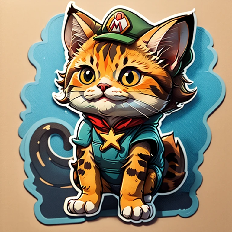 A beautiful cartoon sticker of a cat cosplaying as Mario Bros, smiling, cute and kawaii.