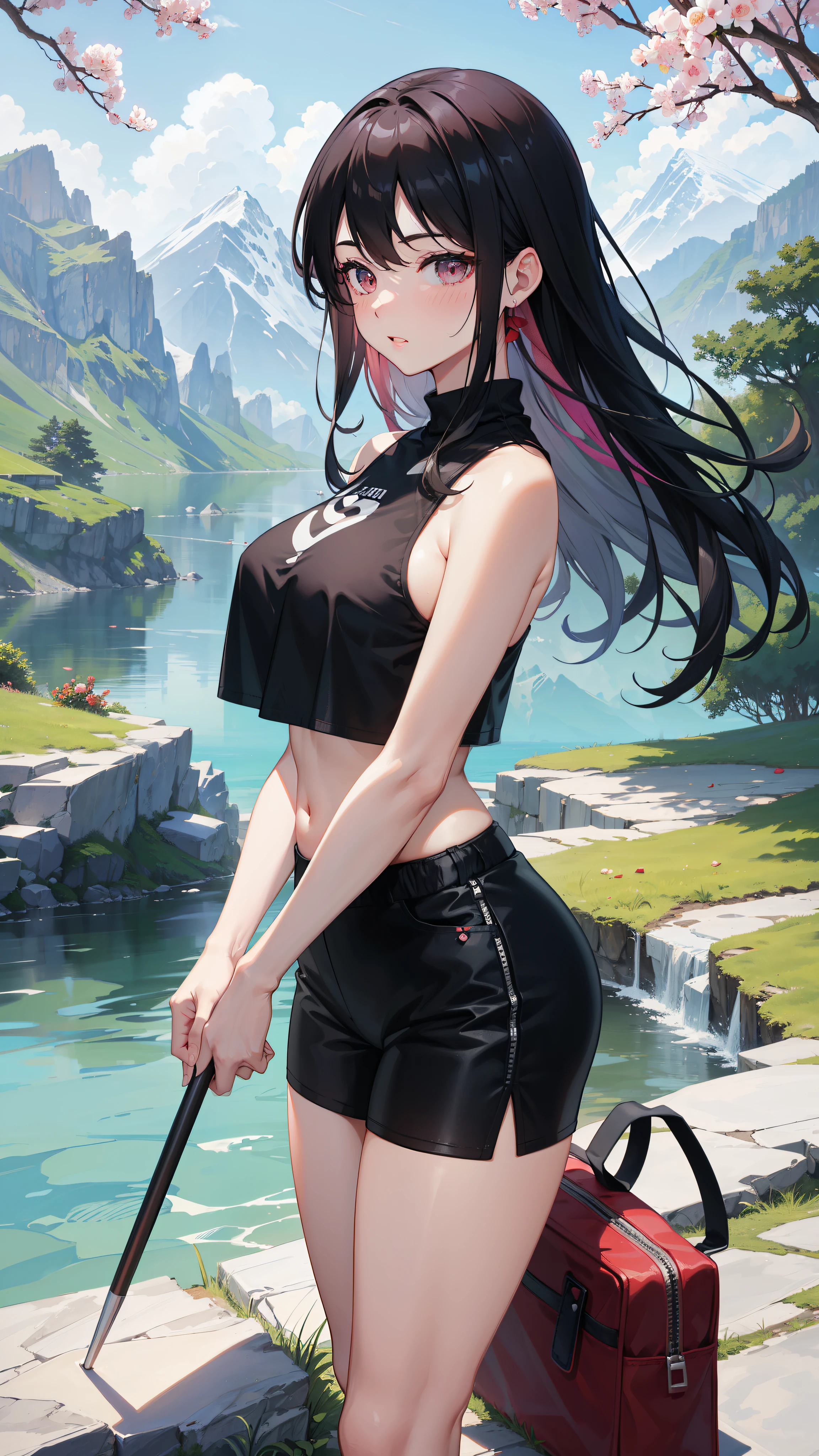 A beautiful girl, standing on a rock,black shorts,crop top,white top, wearing bag, holding stick,cute pose, looking somewhere,sweaty top,wavy hairs, black long hairs, beautiful eyes,red lips, mountains,from top view, beautiful sceneary,((high quality, 8k resolution, ultra high quality,best image quality,best image clarity)), sports top,large breasts,curvy body,fit body, blushing face,red cheeks,pink petals, beautiful trees, beautiful view,hairs waving through wind