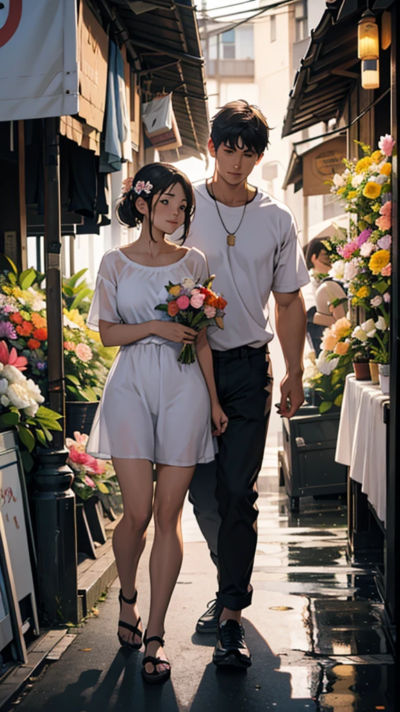 A couple is buying flowers from a flower seller. The girl is wearing short clothes. Her hips are big. It is evening.