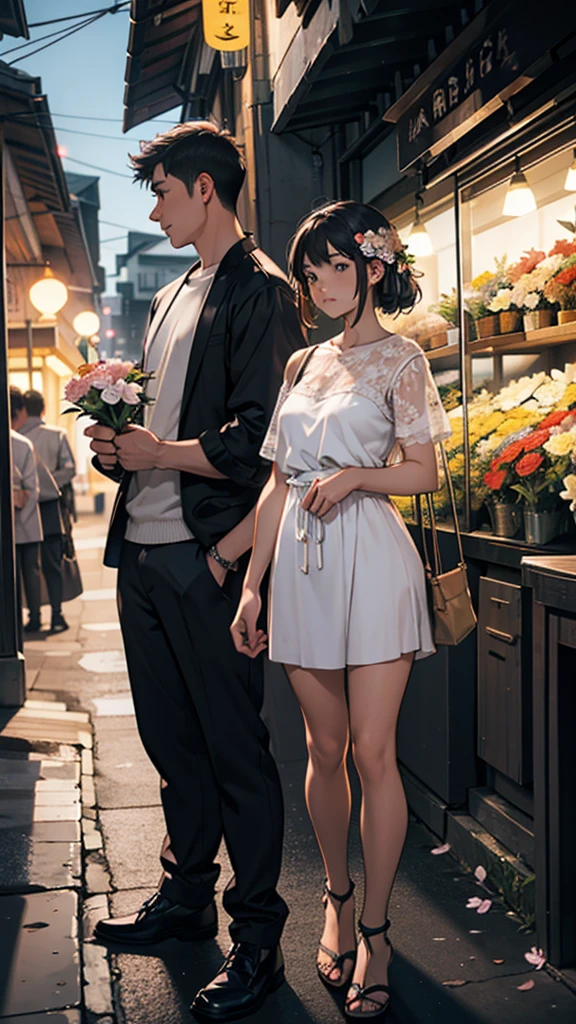 A couple is buying flowers from a flower seller. The girl is wearing short clothes. Her hips are big. It is evening.