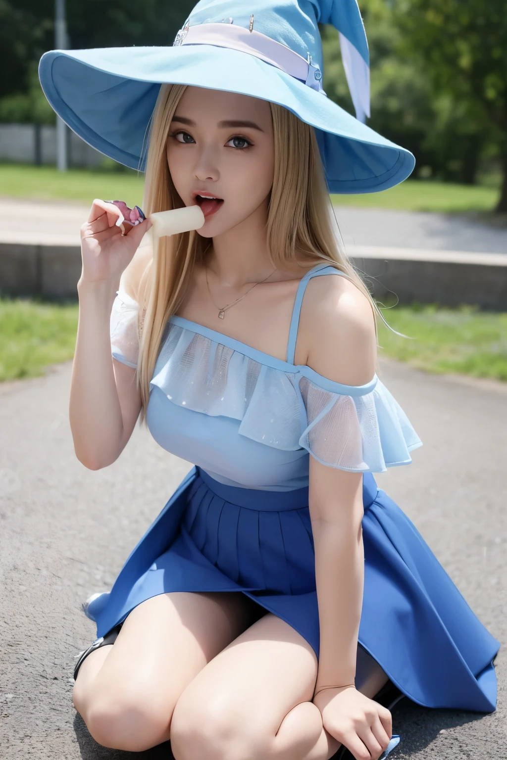 face close-up,popsicle,popsicle_licking,lickinng,tongue_out, open_mouth,ice-cream,masterpiece,best quality,1girl, blush,,dark_magician_girl, yu-gi-oh!, 1girl, bare_shoulders, blonde_hair, green_eyes, large_breasts, long_hair, witch_hat， off_shoulder, blue_dress, capelet, blue_footwear, blue_hat, boots, pink_capelet, pink_skirt, skirt, ,in a playground,floating droplets of water,