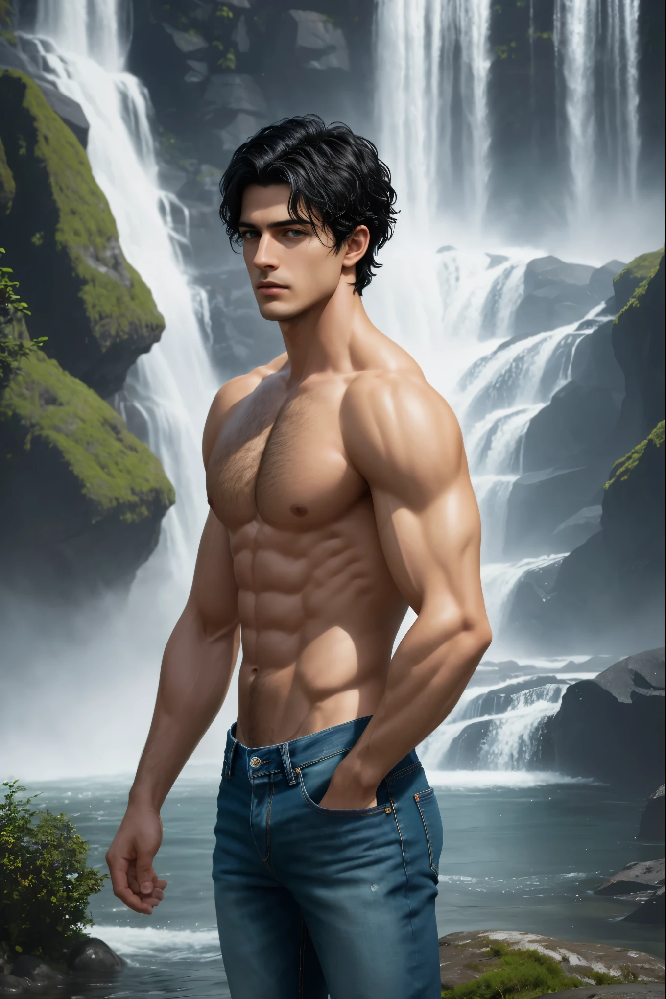 Masterpiece, A boy has short black hair and green eyes, 1boy, AS-Adult, short-haired, black hair, amazing physicality, shirtless and jeans, green eyes, wavy-hair, totally-clean-shave symmetrical face. Symmetrical, smooth, clean shave focus, illustration, realistic, artstation, award winning photography, octane render, cinematic lighting from the right, hyper realism, octane render, 8k, depth of field, 3D, backgound mountains and waterfalls