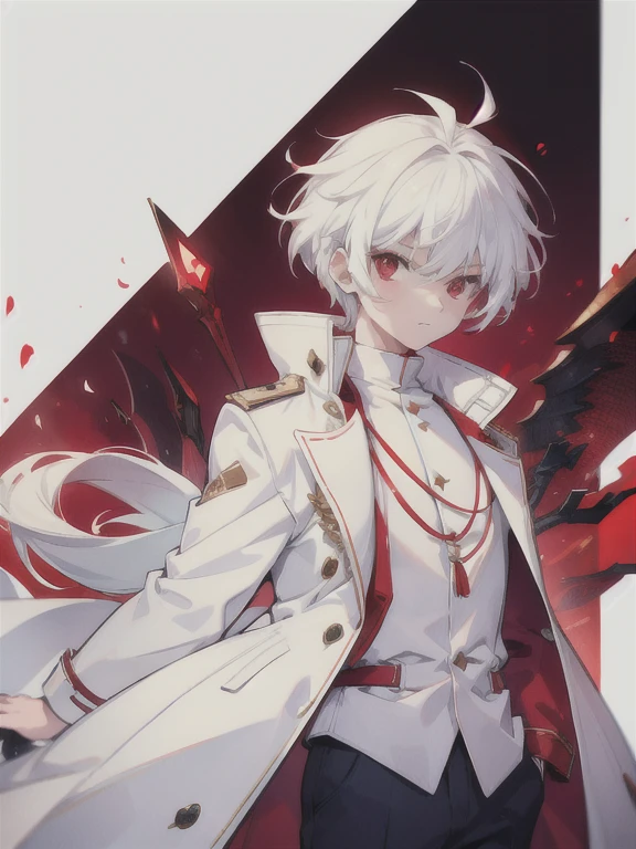 A young boy with red eyes, white  hair,long and big coat,a white blouse with elegant details,