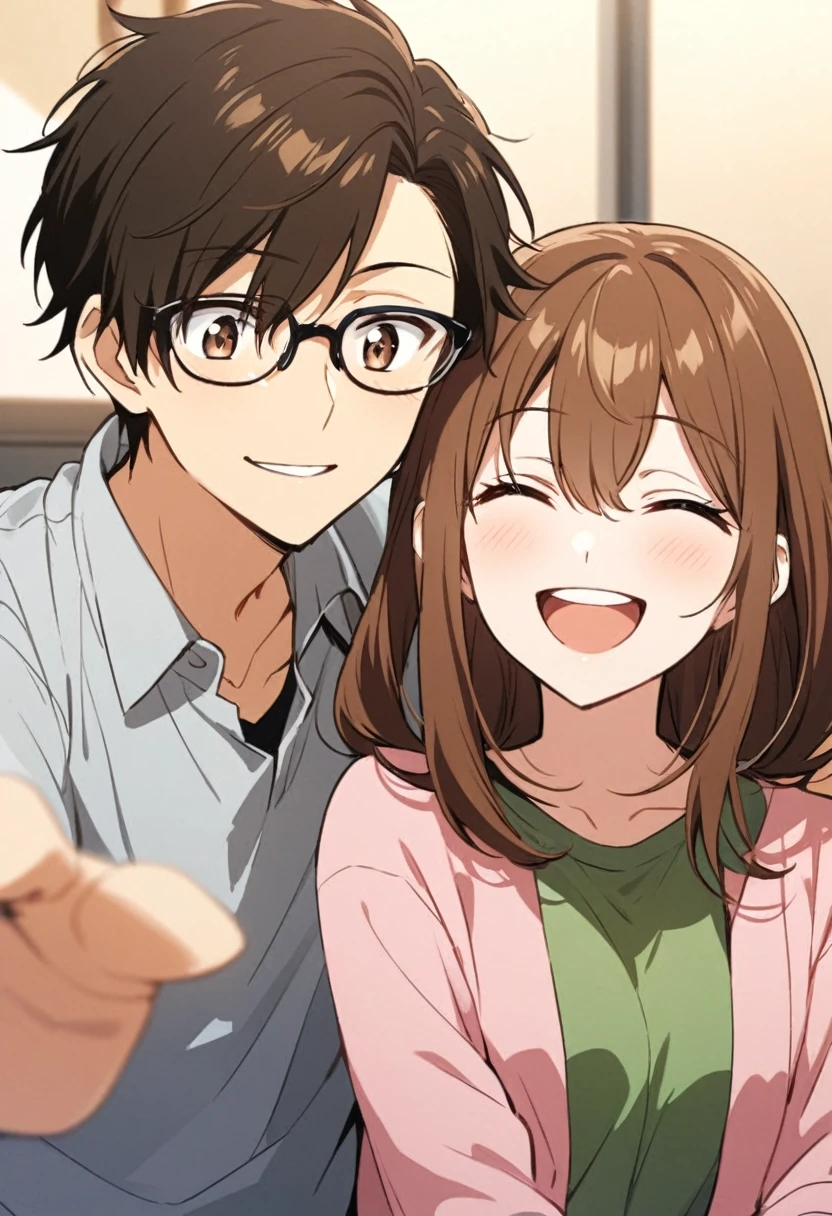 anime, two people, one beautiful female with long brown hair and no glasses, the other person is a male with short dark brown hair and black rimmed glasses, they are boyfriend and girlfriend, both smiling