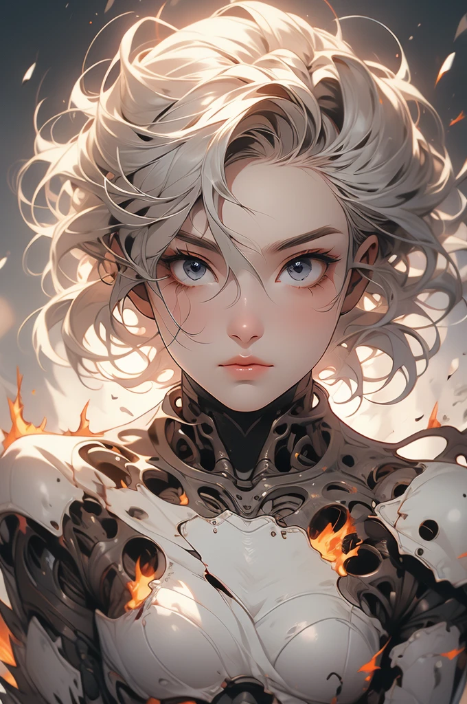 android girl, torn limbs, destroyed face, turned off, white skin, burned hair, lifeless