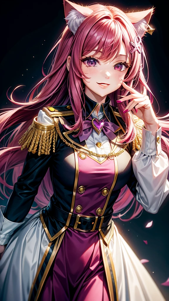 Magenta hair, hazel eyes, older woman, uniform clothes, hair jewel ornament, cat ears, long hair, smiling face, background