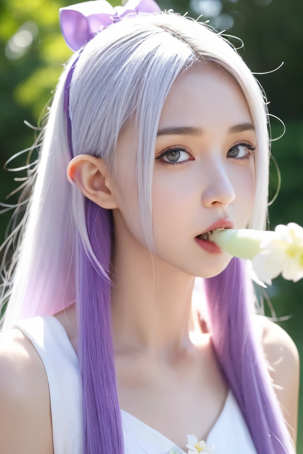 face close-up,holding popsicle,popsicle_licking,lickinng,tongue_out, open_mouth,ice-cream,masterpiece,best quality,1girl, blush,,emilia_(re:zero), re:zero_kara_hajimeru_isekai_seikatsu, 1girl, elf, pointy_ears, white_hair, long_hair, purple_eyes, hair_flower, hair_ornament, hair_ribbon, purple_ribbon, bare_shoulders, dress, flower, gem, green_gemstone,in garden,surrounding by flowers,falling_petals, petals,,