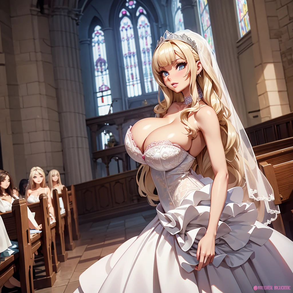 Barbie with huge breasts in a micro wedding dress with huge cleavage in the church