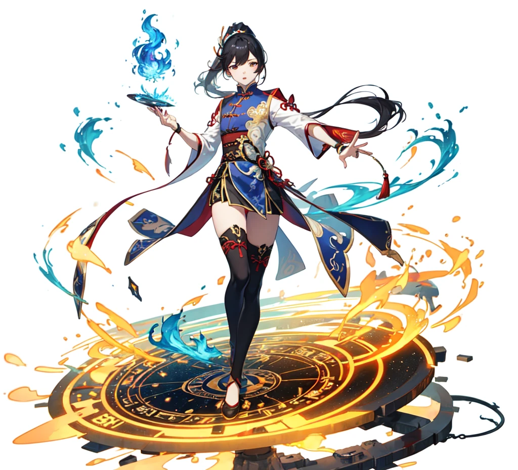 1 boy, Chinese clothes, ponytail , magic circle, blue flame, blue flame, wallpaper, landscape, Blood, Blood splatter, Depth of Field, night, light particles, light, Side light, thigh, destiny \(series\), Genshin Impact, ****, open jacket, skirt, High Leg Raise, cloud