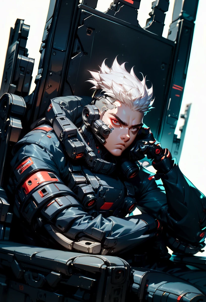 (score_9, score_8_up, score_7_up), zPDXL, 1 boy, alone, three-quarter profile, sitting on a simple throne, black iron throne, black combat suit, left eye with a black stripe from forehead to cheekbone, background, sitting with the cloths on the rests, eyes darkened by the shadow of his eyebrows, white hair, hair with spiked hairstyle, cyberpunk, serious and thoughtful face, intimidating, simple background, black suit covers his entire body, white background with cables falling down, adult male, looking at the ground, dark aura,(black line on face), (arms resting on throne)