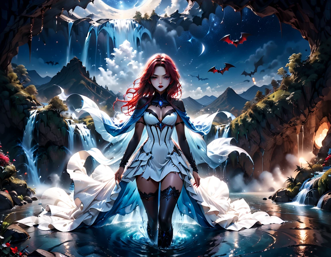 a picture of an exquisite beautiful female vampire standing under the starry night sky at the base of the waterfall, dynamic angle (ultra detailed, Masterpiece, best quality), ultra feminine, (black skin: 1.3),  dynamic hair color, wavy hair, dynamic eyes color, cold eyes, glowing eyes, intense eyes, dark red lips, wearing white dress (ultra detailed, Masterpiece, best quality), wearing blue cloak (ultra detailed, Masterpiece, best quality), long cloak, flowing cloak (ultra detailed, Masterpiece, best quality), wearing high heeled boots,  water coming down from a mountain, multi level water falls, several pools created in different levels, forming new waterfalls, water cascading into a pool steam rising, clear water in many hues of blue and azure falling, ultra best realistic, best details, best quality, 16k, [ultra detailed], masterpiece, best quality, (extremely detailed), ultra wide shot, photorealism, depth of field, hyper realistic painting, sky full of stars background, moon, bats flying about, high details, best quality, 8k, [ultra detailed], masterpiece, best quality, (ultra detailed), full body, ultra wide shot, photorealism, dark fantasy art, dark fantasy art, gothic art, many stars, dark fantasy art, gothic art, sense of dread, Intense gaze, magical sky