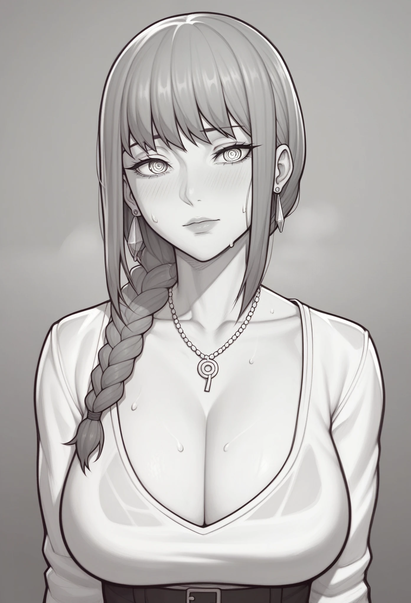 _asura style, 1girl, makima_(chainsaw_man), greyscale, ringed_eyes, breasts, monochrome, jewelry, solo, cleavage, necklace, braided_ponytail, braid, looking_at_viewer, large_breasts, blush, upper_body, earrings, bangs, sweat, simple_background, collarbone, black_background