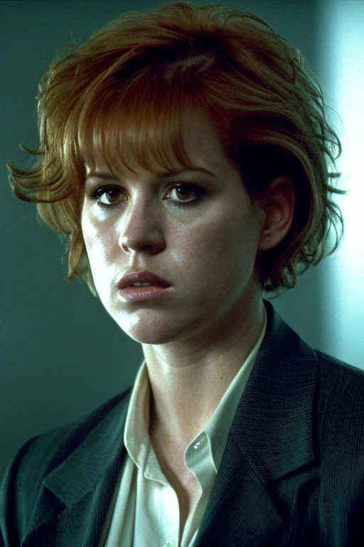 Eighteen-year-old Molly Ringwald, serious expression, brooding, with messy/shaggy razored/layered haircut with sideswept bangs, wearing gray blazer, extremely realistic, extremely detailed, extreme realism, extreme detail, extremely accurate resemblance, scene from film, digital cinematography, neo-noir, tech-noir, moody, atmospheric, dark, handheld camera footage, gritty, muted, Miami Vice (2006) influenced, grainy, underlit, Kane and Lynch 2 influnced, tense, directed by Michael Mann, Heat influenced, Collateral influenced, low shutter speed, shadowy, bags under eyes, insomniac, detective