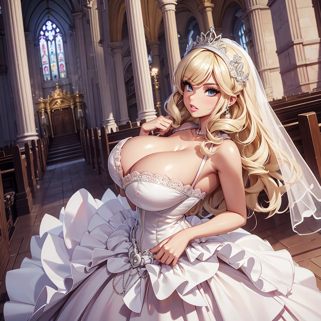 Barbie with huge breasts in a micro wedding dress with huge cleavage in the church