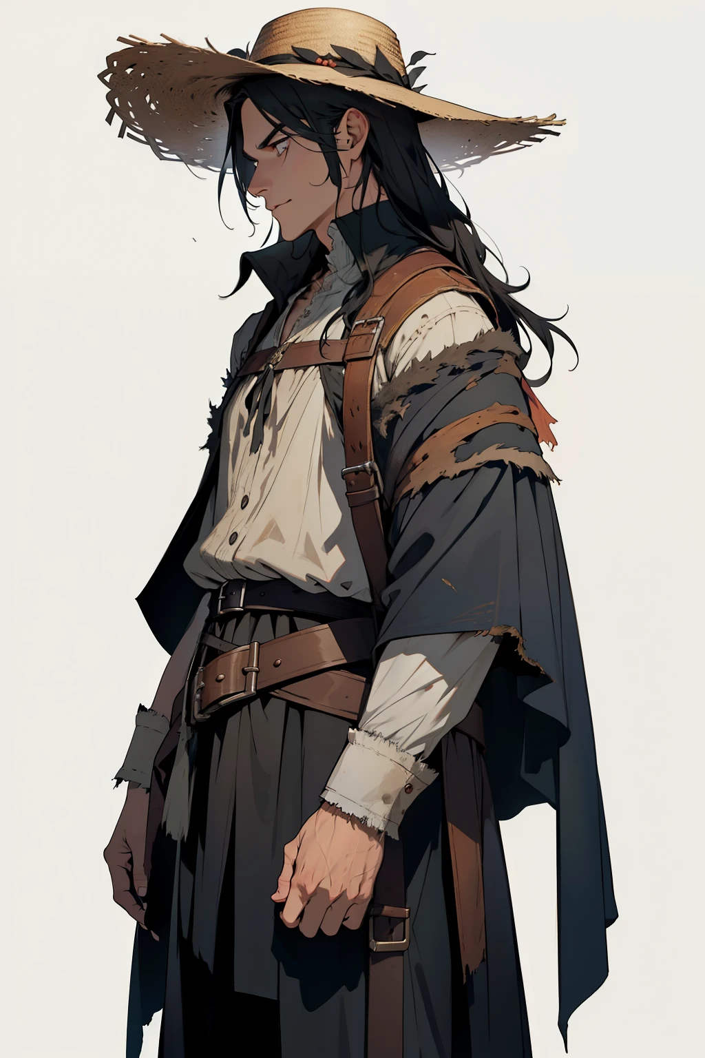 Man clad in a vast, straw-woven hat, its size suggesting a tale of grand adventures; his straight, medium-length black hair cascades down his back, a stark contrast to the frumpy attire he dons. The hat's brim casts a shadow over his face, revealing only the outlines of his high cheekbones and the edge of a cloak that drags along the ground, frayed and worn out from countless journeys.
His clothing consists mainly of tattered rags and an old cloak, with worn-out shoulder straps and belts laden with various items such as francs, herbs, fungi, and other trinkets. The outfit