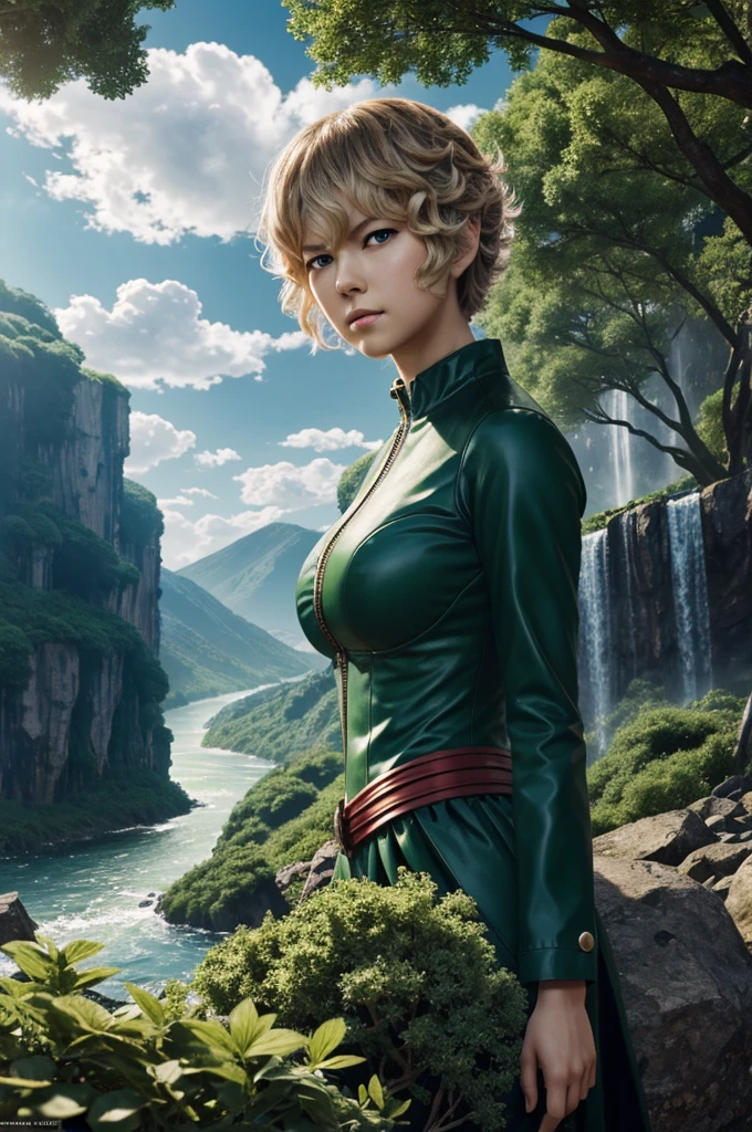 Tatsumaki, one punch man,masterpiece, best quality, high quality, extremely detailed 8k CG unit wallpaper, scenery, Outdoor, sky, cloud, day, water, tree, blue sky, waterfall, cliff, nature, lake, river, cloudy sky, award-winning photography, Bokeh, depth of field, HDR, flower, chromatic aberration, photorealistic, extremely detailed, trend in artstation, trend in CGsociety, intricate, High detail, dramatic, art in the middle of the journey