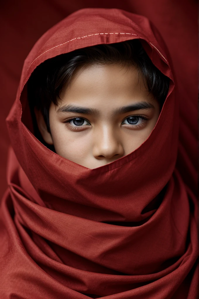 The boy's  eyes and lips is covered with red cloth