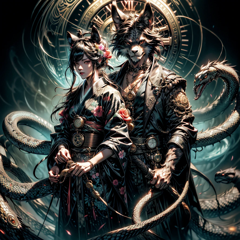 (Best quality, a high resolution, ultra detailed) silhouette (kimono, Hairy anthro) holding a bright pocket watch in his hands, surrounded by flowers, snakes and darkness, illustrative rendering, complex parts, Mysterious atmosphere, bright colors, dynamic lighting, Gothic style,